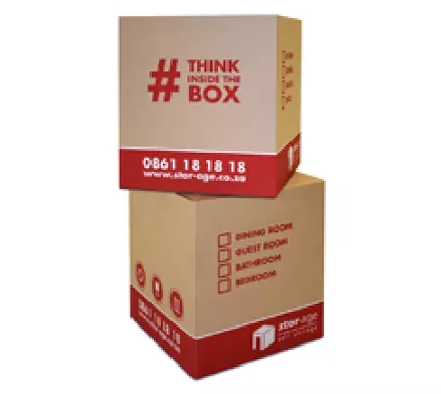 Two Stor-Age branded packing boxes stacked upon each other